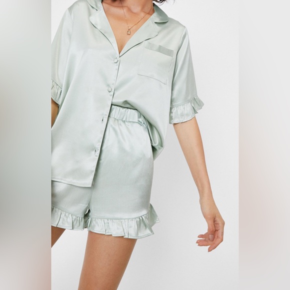 Nasty Gal Satin Ruffle Pajama Set Mint Green Button-Up Top & Shorts - Picture 4 of 11